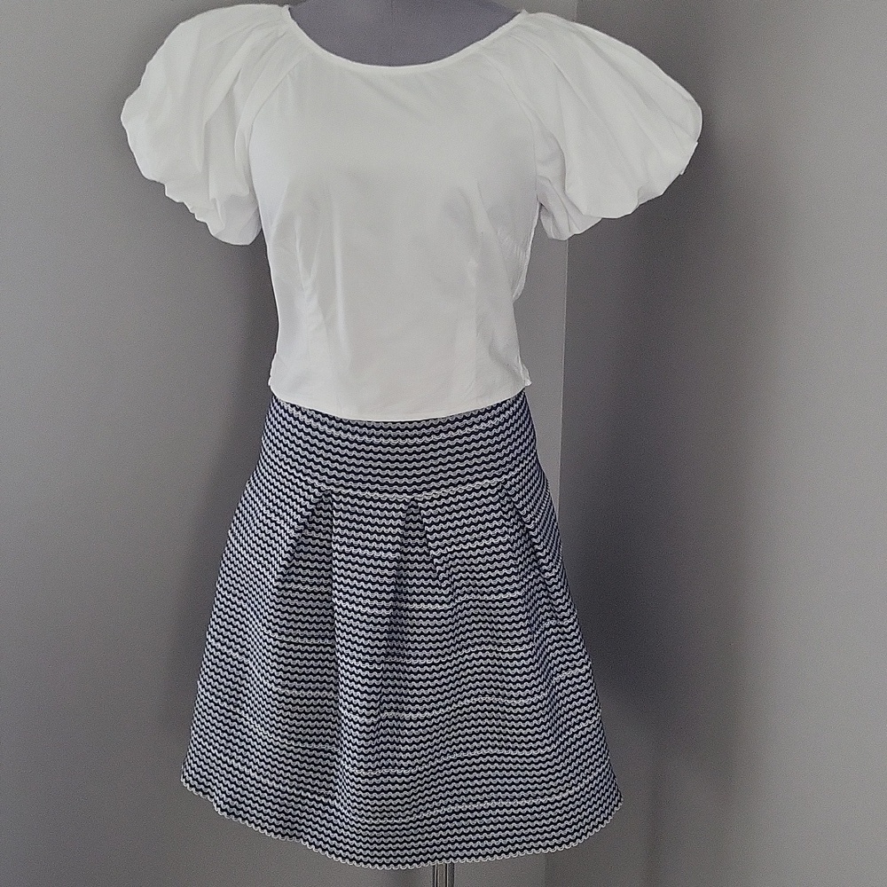 Portmans Pleated Stretch Blue and White Box Pleat Skirt